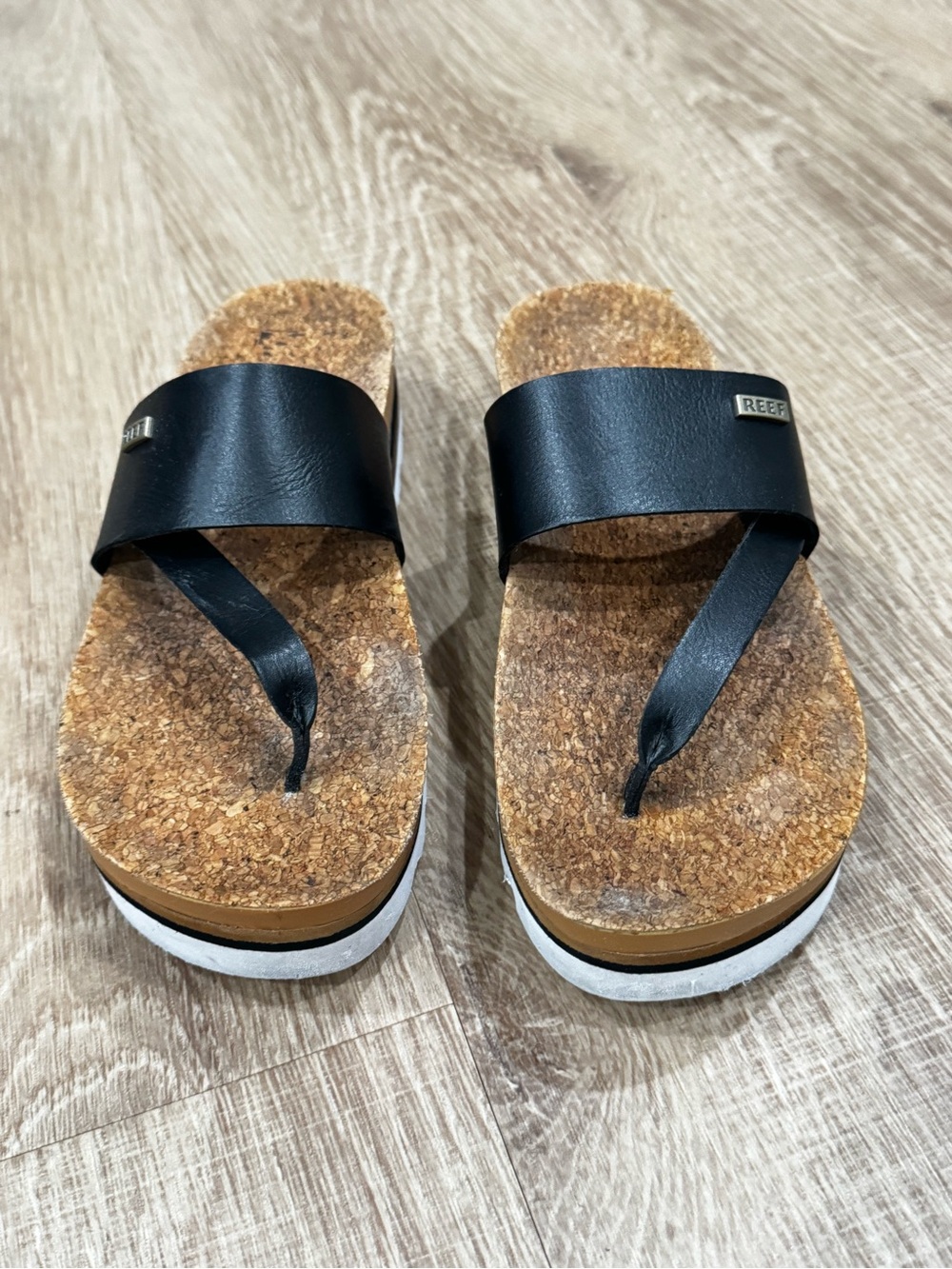 Reef Cushion Sol Hi Platform Sandals Black Tan Cork Footbed Women’s Size 9